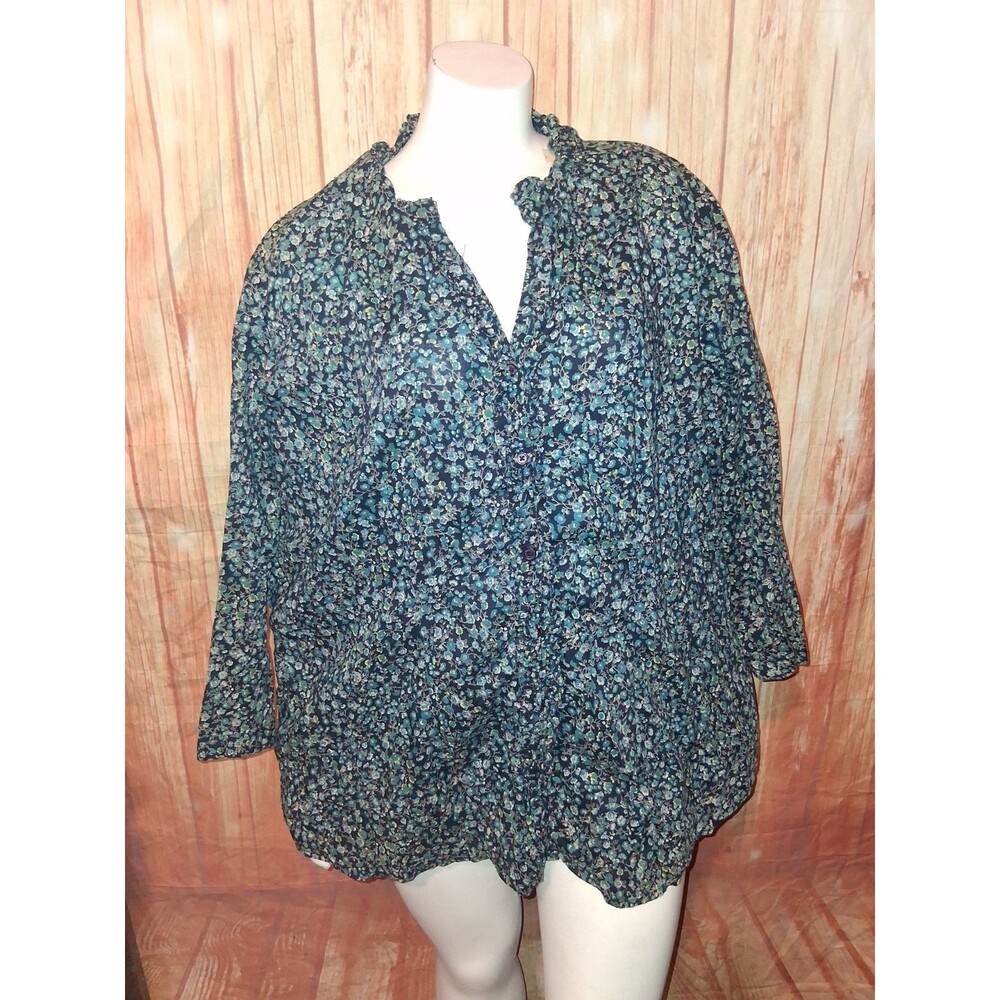 Krazy Kat Multicolor Floral 3/4 Sleeve Button Up V-neck Blouse Sz 2X